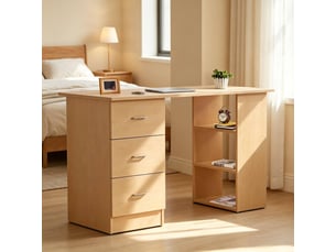 Bureau informatique 120 x 49 x 72 cm finition bois clair mdf, 3 tiroirs, 3 étagères, rangement modulable