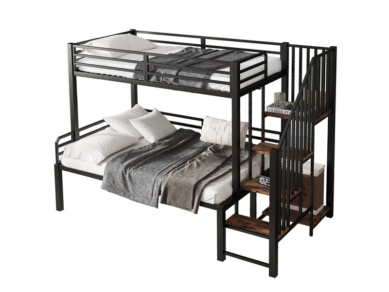  Lit superposé enfant 90x200120x200 cm – noir – escalier d’angle 4 marches avec rangement, sans matelas  - Conforama A