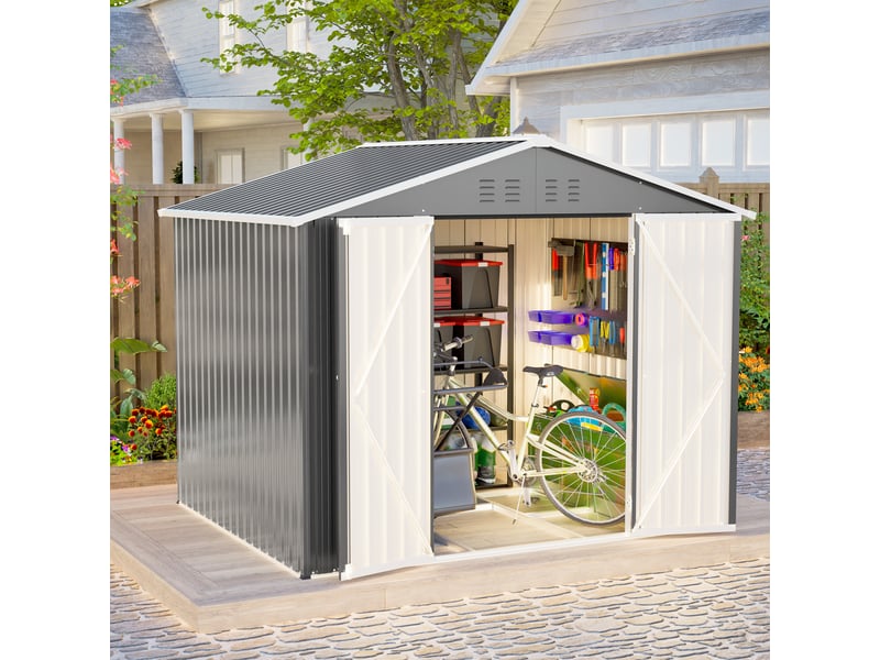  Abri de jardin en métal 8 x 6 ft, 240,4 x 192,3 x 191 cm, rangement extérieur avec double porte verrouillable et ventilation, gris Luxe haut de gamme - Conforama B