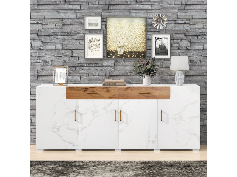  Buffet ulevr de rangement 208 x 39,5 x 80 cm, 4 portes et 2 tiroirs, blanc effet marbré  - Conforama D