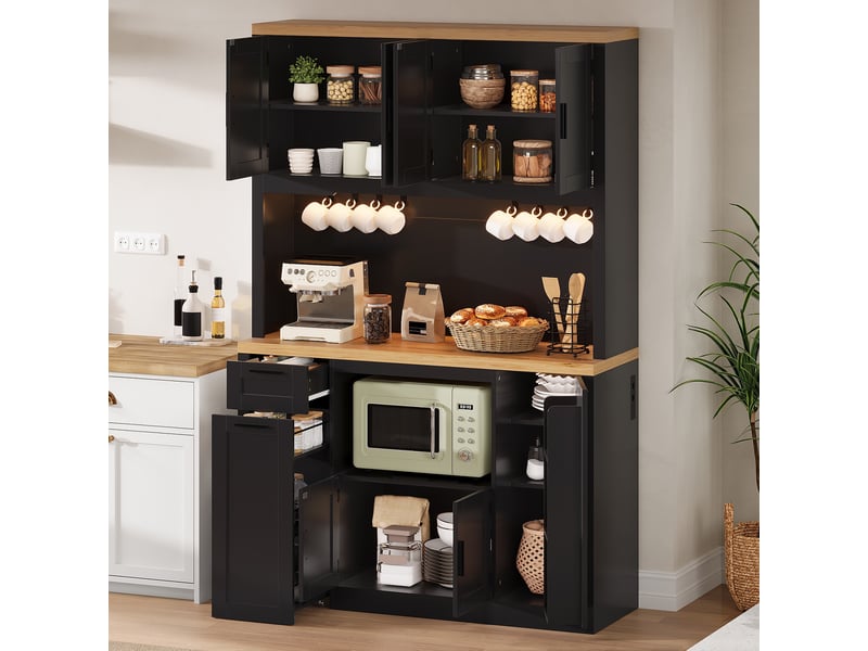  Buffet de cuisine - 120x40x182 cm - buffet vaisselier avec éclairage led, station de charge, tiroirs et étagères réglables - noir  - Conforama C