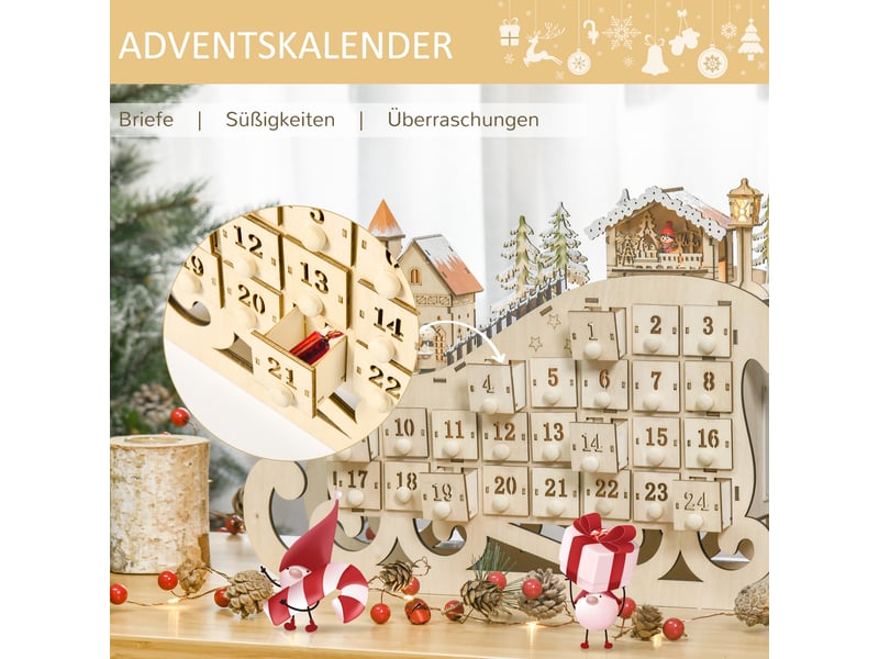  Calendrier de l'avent à remplir avec 24 tiroirs, lumières led, forme de traîneau, calendrier de l'avent à personnaliser, compte à rebours de noël, cadeau pour enfants et adultes  - Conforama D