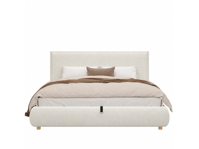  Lit coffre 180 x 200 cm en tissu bouclé blanc avec tête de lit et rangement hydraulique, sans matelas  - Conforama A