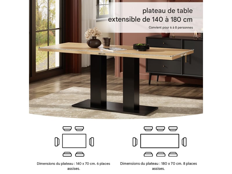 Table à manger extensible en mdf coloris bois naturel 140-180x70x75 cm - pangivo - Conforama E