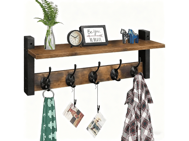  Porte-manteau mural rustique avec étagère, crochets muraux solides pour entrée, porte-chapeaux, sacs et vestes, idéal pour salon ou salle de bain  - Conforama A