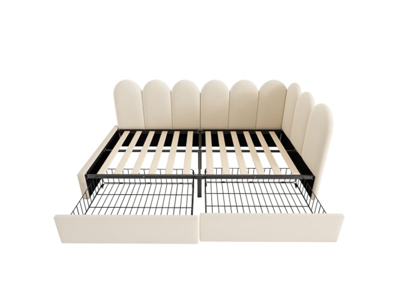 Lit tapissé beige 90x190 avec rangements et sommier à lattes – canapé-lit de jour, tiroirs, sans matelas - Conforama D