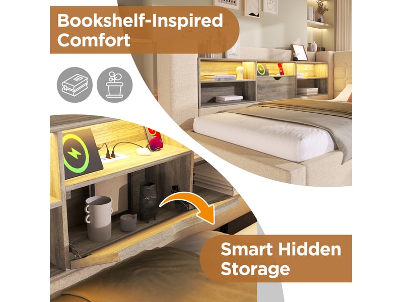  Lit coffre 140x200 cm, avec rangement hydraulique, tête de lit réversible, led et prises usb, lin beige, sans matelas  - Conforama D