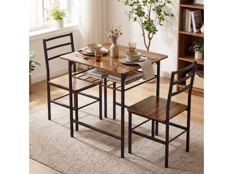  Ensemble table salle à manger avec 2 chaises, table de cuisine avec chaises pour 2 personnes, cadre en métal, marron  - Conforama C