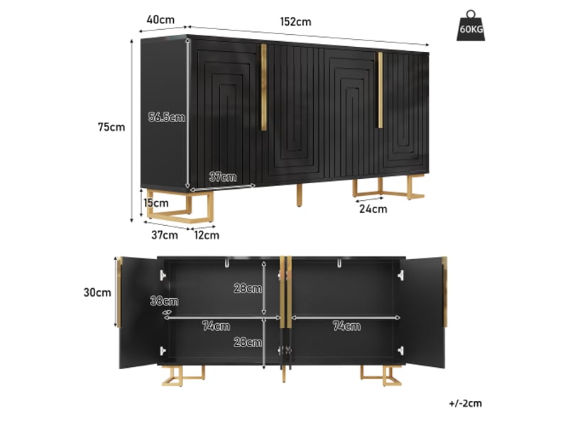  Buffet noir 152×40×75 cm – design géométrique, poignées et pieds dorés, meuble moderne chic  - Conforama C