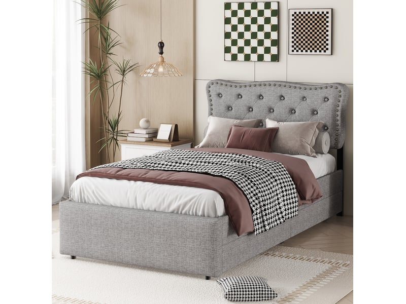  Modenvie lit simple capitonné 90x200 cm - 2 tiroirs, tête de lit réglable, clous décoratifs - usage quotidien - gris  - Conforama D