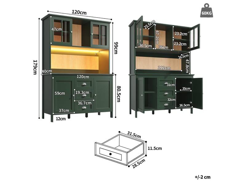 Buffet haut de cuisine 120x40x179 cm, vaisselier led avec portes vitrées brunes, 3 tiroirs, étagères réglables - vert - Conforama C