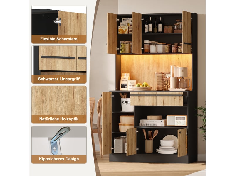  Buffet haut de cuisine 100 x 40 x 180 cm bois et noir, 2 tiroirs, plan de travail, led rgb par application et étagères réglables, pour cuisine  - Conforama E