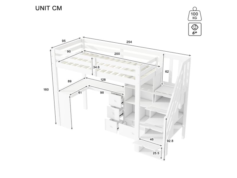  Lit mezzanine 90x200 cm coloris blanc pin lit enfant blanc - Conforama C