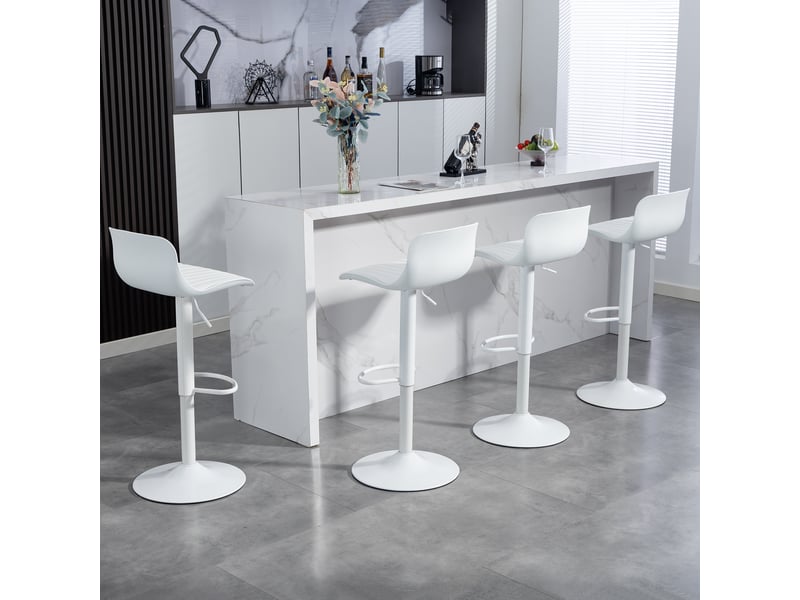  Lot de 2 tabourets de bar blancs pivotants et réglables, dossier plastique, assise similicuir, vérin à gaz, repose-pieds métal  - Conforama E