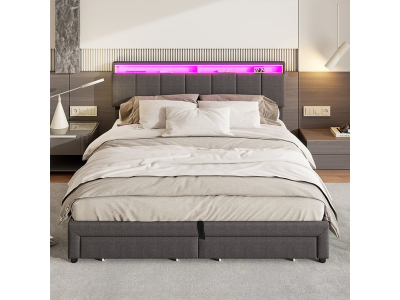 Lit rembourré 180x200 cm avec coffre de rangement hydraulique, tiroirs et compartiments de rangement, revêtement en lin gris, sans matelas - Conforama D