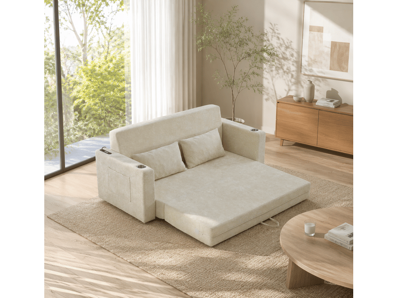 Canapé convertible 2 places pliable avec usb et porte-gobelets, en chenille beige 153 × 77 × 65 cm - Conforama C