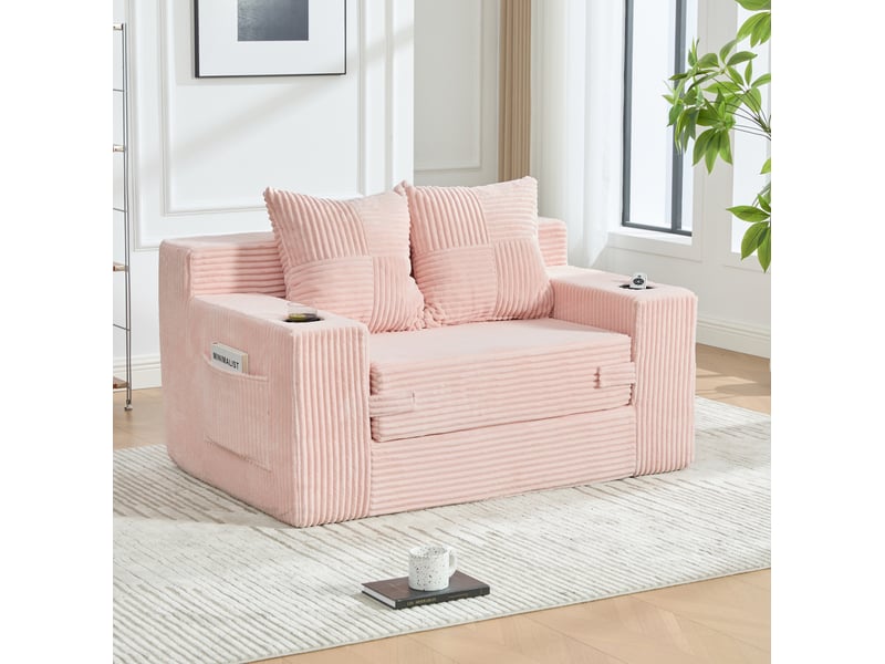 Canapé-lit 2 places convertible avec 2 coussins, porte-gobelet et poches latérales en velours côtelé rose - Conforama E