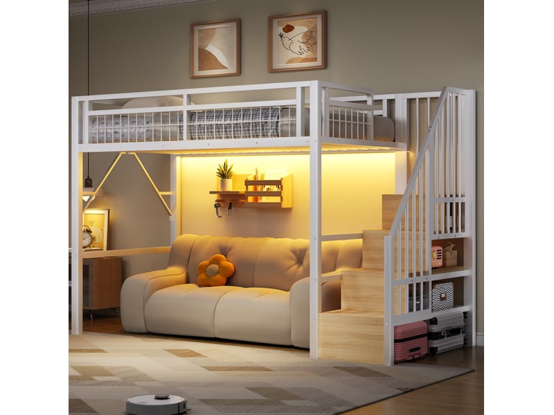  Lit mezzanine enfant 90 x 200 cm avec escalier de rangement et led, blanc  - Conforama E