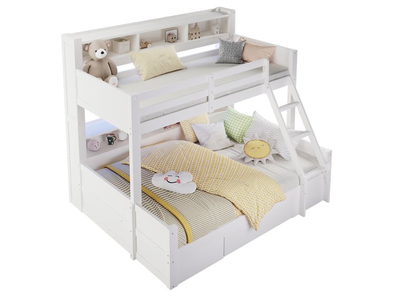  Lit superposé 90x200 cm et 140x200 cm avec led et rangements blanc  - Conforama A