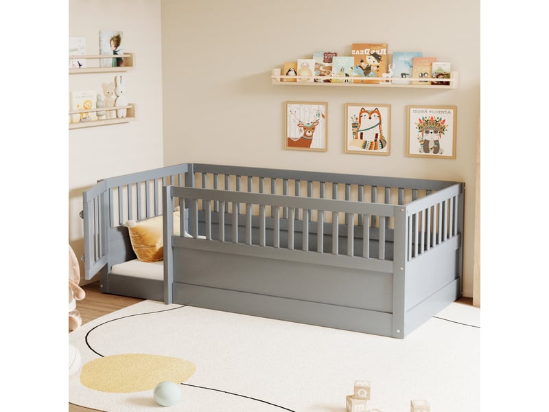  Lit enfant lit simple avec barrière et porte, 90×200 cm, sans matelas, en bois massif et mdf, gris  - Conforama D