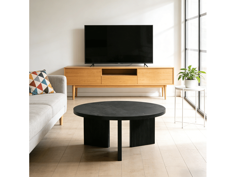  Table basse ronde en mdf avec structure rainurée, ensemble de 2 pièces, style moderne pour salon et bureau, noir  - Conforama C