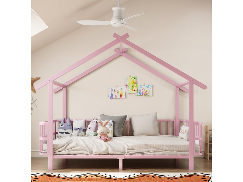  Lit enfant maison 90x200 cm, lit cabane, barrières sécurité, chambre, style contemporain, métal, rose, sans matelas  - Conforama B