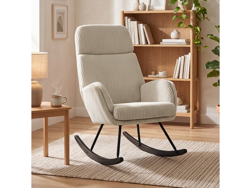  Fauteuil à bascule velours côtelé dossier haut accoudoirs beige  - Conforama C