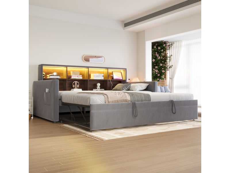  Lit banquette extensible 90180 x 190 cm gris foncé en velours avec tête de lit rangement, led, prises usb type-c et poches latérales  - Conforama D