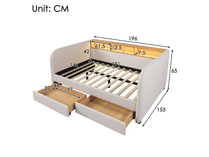  Lit double 140x190 cm avec led et usb - 2 tiroirs de rangement, lin beige  - Conforama C