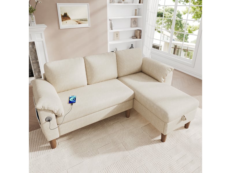  Canapé d'angle, canapé 3 places, en tissu chenille, beige, poches latérales, usb, version droite, version gauche  - Conforama D