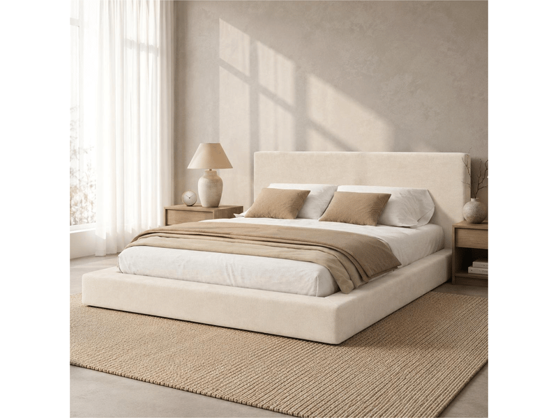  Lit double rembourré 180x200 cm en tissu chenille, lit capitonné avec tête de lit épaisse, sommier à lattes inclus - beige  - Conforama E