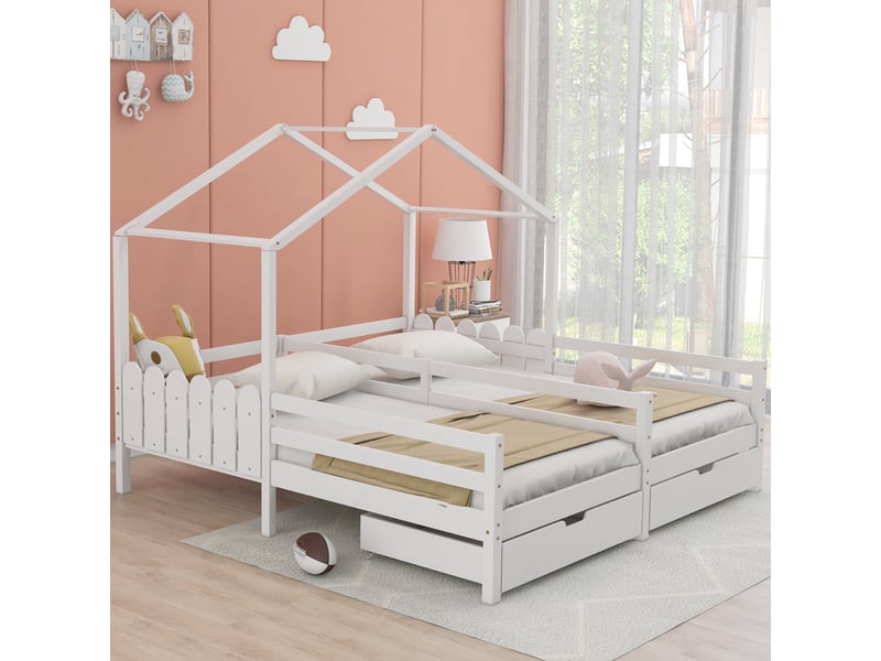 Lit voiture enfant avec roues en mdf, certifié en747, lit garcon avec cadre en pin, blanc + naturel (90x200cm)  - Conforama R