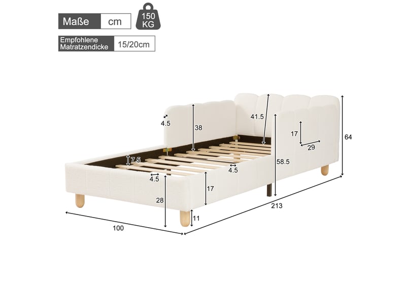  Elvmi lit enfant 90x200 cm en bouclé beige, lit simple rembourré avec tête de lit ergonomique inclinée, protection latérale modulable, poches de rangement intégrées, pieds en bois massif d’hévéa, structure stable monobloc avec s…  - Conforama C