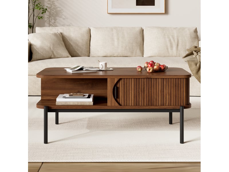  Table basse rectangulaire 100 x 45 x 43 cm – bois foncé – rangement avec portes coulissantes  - Conforama E
