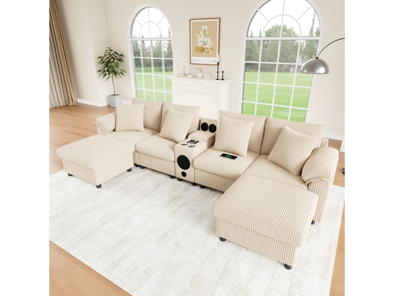  Canapé d'angle, canapé modulable, en velours tricoté, beige, porte-gobelets, pour salon et séjour, usb  - Conforama R