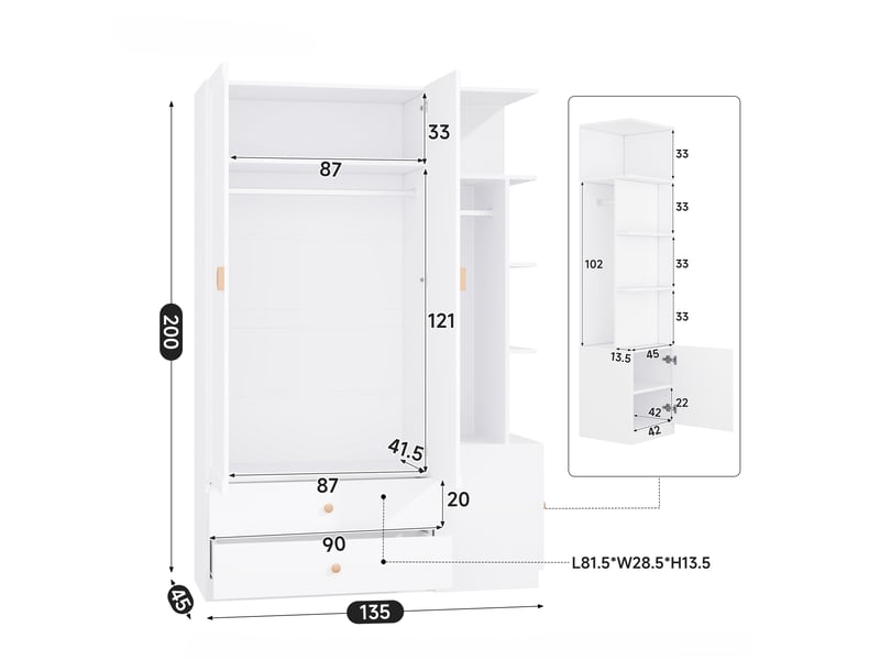  Armoire penderie 200x135x45 cm, dressing modulable pour chambre et entrée, mdf bois massif et acier, avec 2 tringles et 2 tiroirs, blanc  - Conforama E