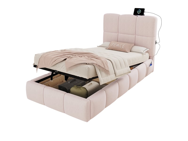  Lit enfant 90x200 velours rose - lit coffre hydraulique avec port usb et tête de lit capitonnée  - Conforama A