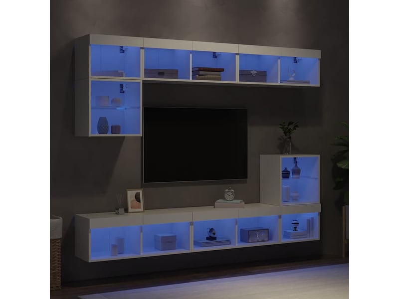  Meuble tv - unités murales tv avec led 8 pcs blanc bois d'ingénierie  - Conforama B