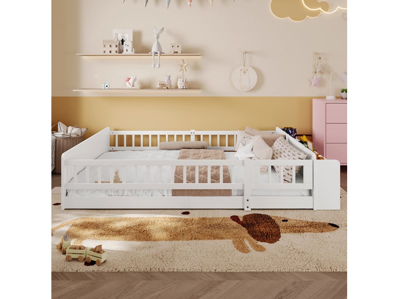  Lit enfant 140x200 cm blanc en pin avec rangements ouverts et portillon  - Conforama D