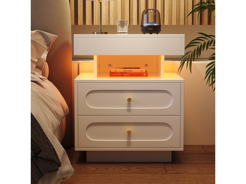  Table de chevet 100x40x60 cm avec éclairage led et 2 tiroirs, panneau de particules, blanc  - Conforama B