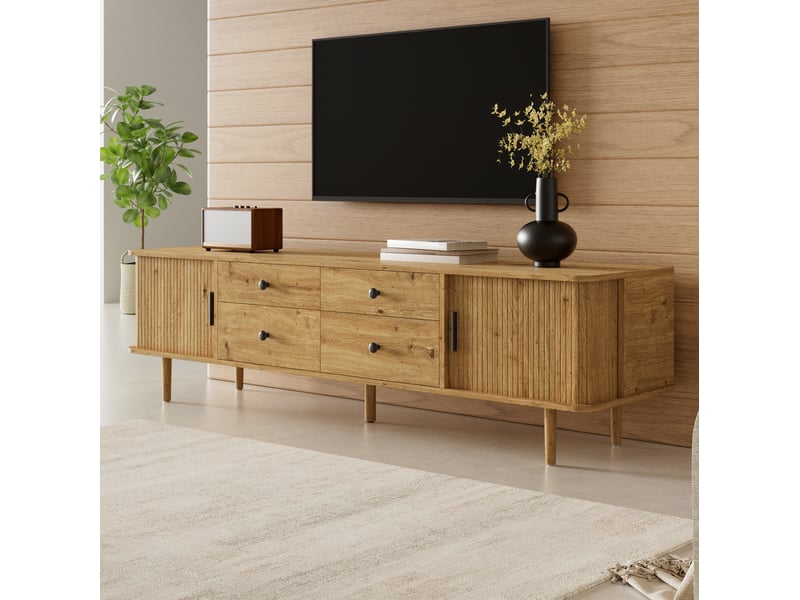  Meuble tv 165 cm en mdf effet bois clair, 4 tiroirs et 2 portes coulissantes pour un salon bien ordonné  - Conforama B