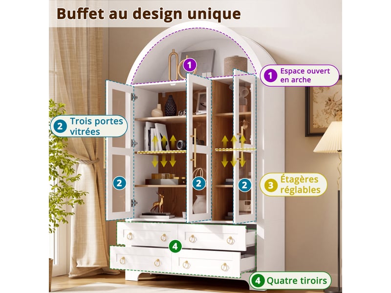  Buffet avec sommet arqué, 3 portes vitrées et 4 tiroirs, étagères réglables, poignées métalliques, 110x40x185cm  - Conforama B