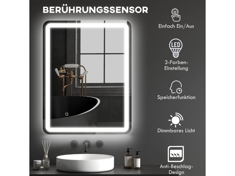 Miroir de salle de bains led 70 x 90 cm avec éclairage réglable  - Conforama D