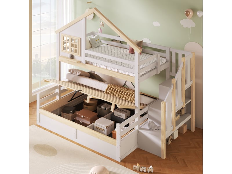  Lit superposé enfant 90x200 et 140x200 cm avec rangements blanc et naturel  - Conforama E