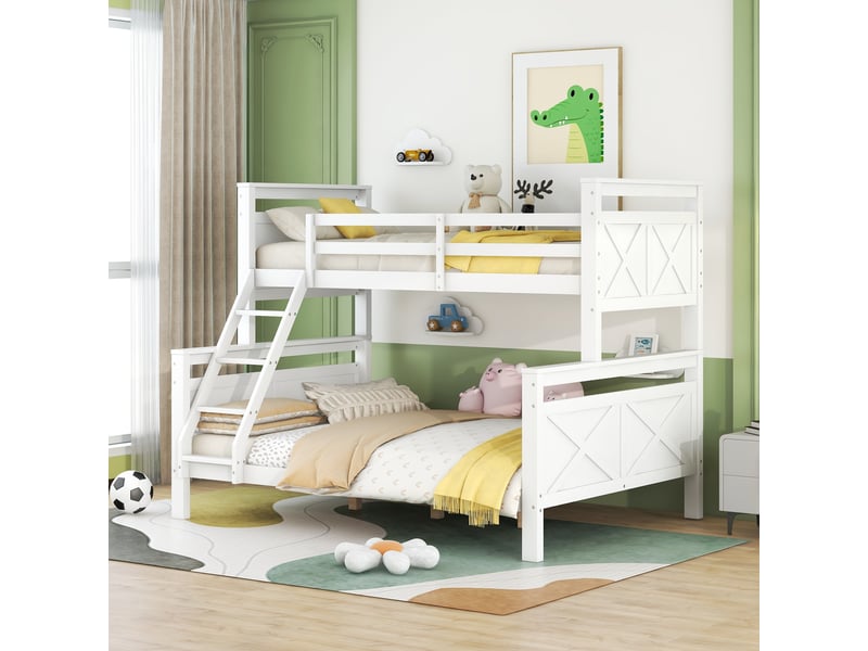  Lit superposé enfant 90×200 et 140×200 cm avec échelle et barrière  - sans matelas, bois - blanc  - Conforama C