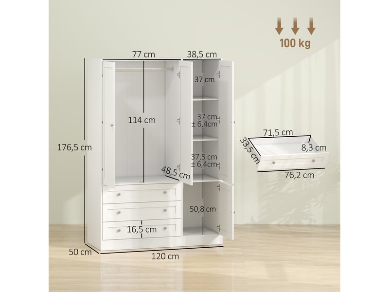  Armoire chambre penderie avec 4 portes, 3 tiroirs, barre de suspension et étagère réglable, 120 x 50 x 176,5 cm, blanc  - Conforama C
