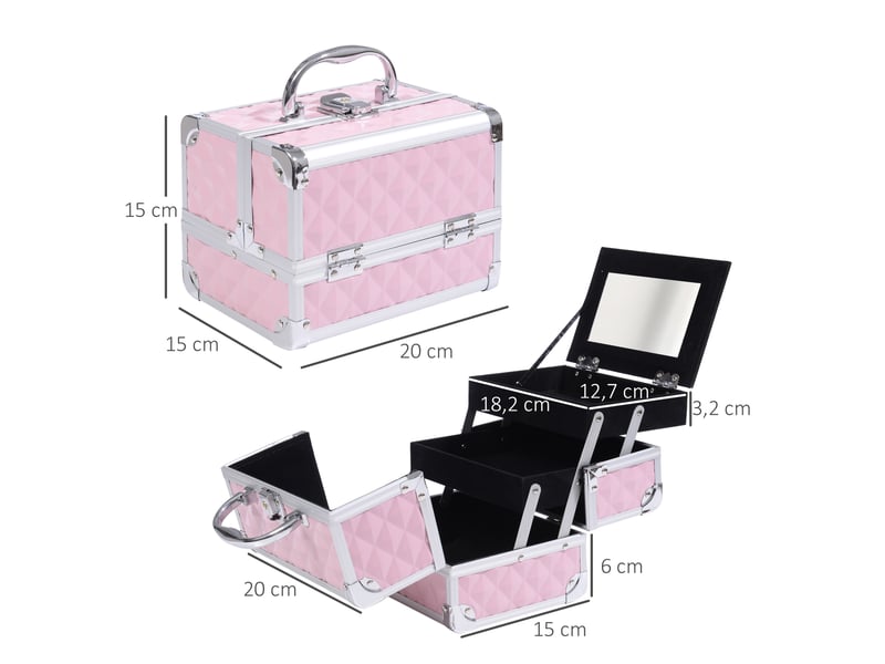  Trousse de maquillage professionnelle, boîte de beauté portable avec miroir, serrure, plusieurs compartiments, 20 x 15 x 15 cm, aluminium  - Conforama E