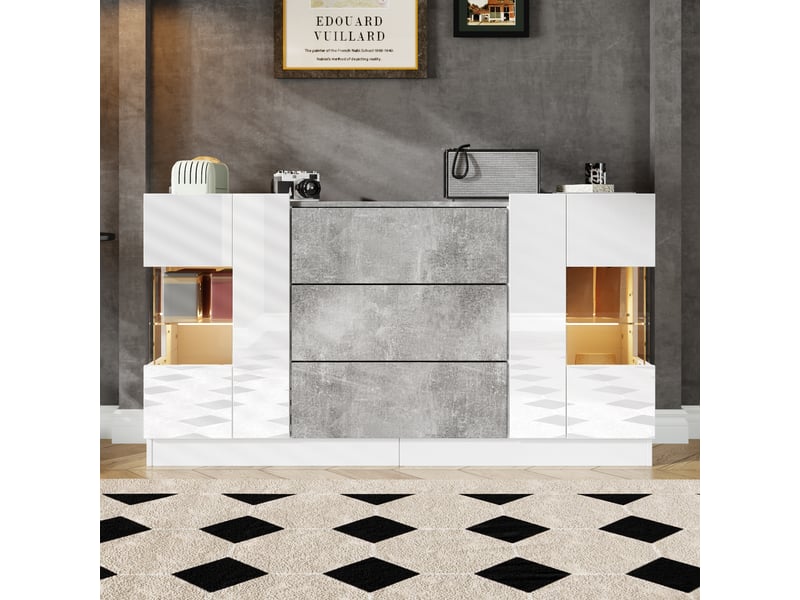  Buffet moderne 2 portes et 3 tiroirs, blanc brillant et effet marbre gris, 140x35x75 cm, led 16 couleurs  - Conforama B