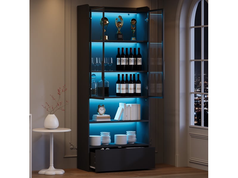  Vitrine haute 80x34x180 cm noire avec led, portes en verre et 1 tiroir  - Conforama E