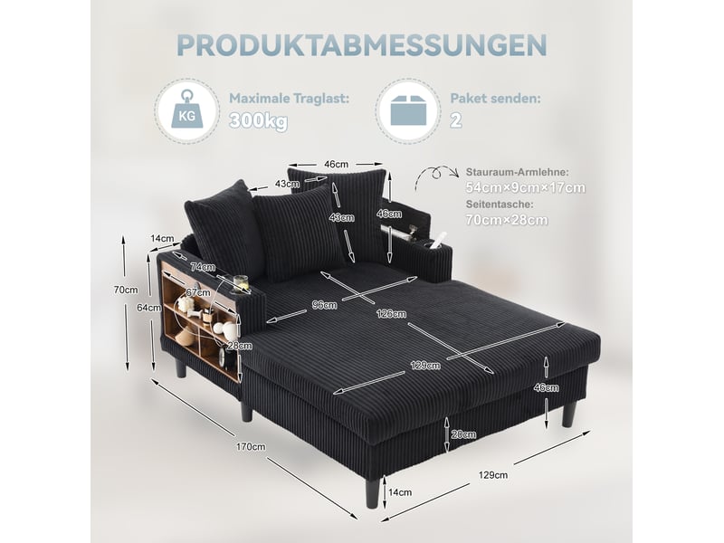  Chaise longue fixe 1 place en velours côtelé noir 129 x 170 cm, led, usb, rangements et porte-gobelets  - Conforama C